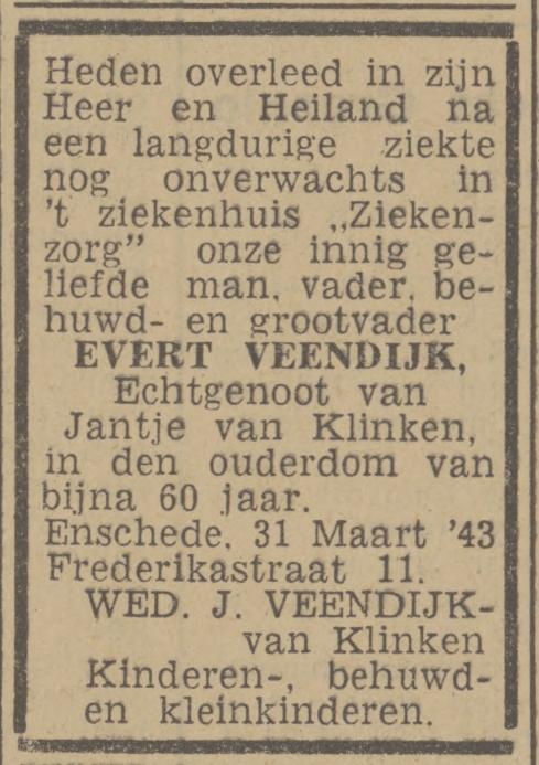 Frederikastraat 11 Evert Veendijk overlijdensadvertentie Twentsch nieuwsblad 1-4-1943.jpg