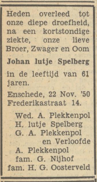 Frederikastraat 14 Johan Lutje Spelberg overlijdensadvertentie Tubantia 24-11-1950.jpg