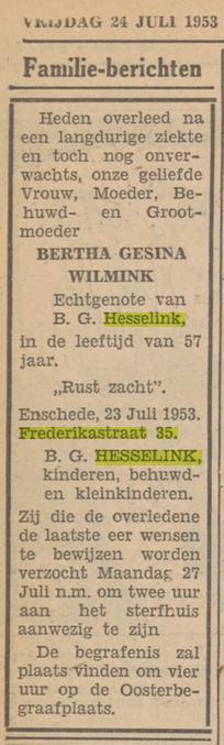 Frederikastraat 35 B.G. Hesselink-Wilmink overlijdensadvertentie Tubantia 24-7-1953.jpg