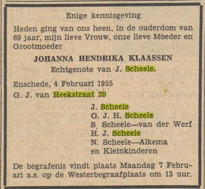 G.J. van Heekstraat 20 J.H. Scheele-Klaassen overlijdensadvertentie Tubantia 5-2-1955.jpg