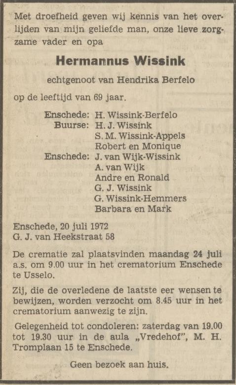 G.J. van Heekstraat 58 Hermannus Wissink overlijdensadvertentie Tubantia 21-7-1972.jpg