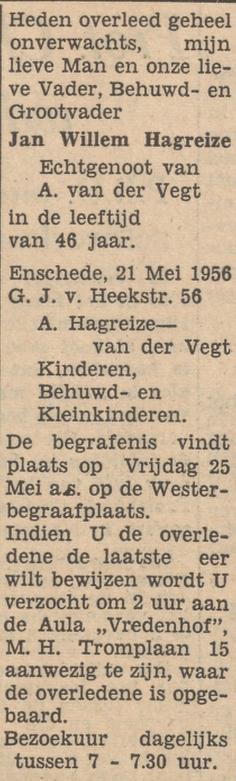 G.J. van Heekstraat 56 J.W. Hagreize overlijdensadvertentie Tubantia 22-5-1956.jpg
