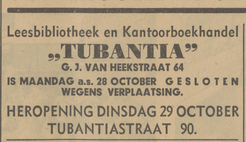 G.J. van Heekstraat 64 leesbibliotheek en kantoorboekhandel Tubantia advertentie Tubantia 26-10-1940.jpg