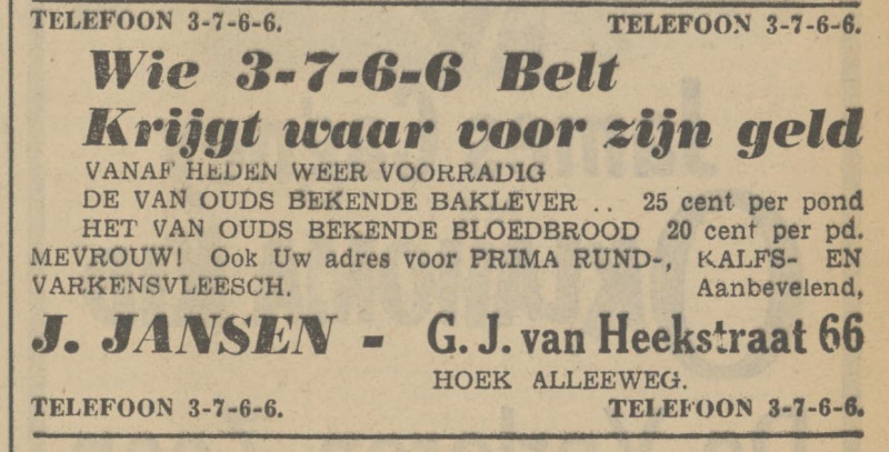 G.J. van Heekstraat 66 hoek Alleeweg slagerij J. Jansen advertentie Tubantia 5-10-1939.jpg