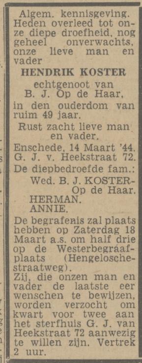 G.J. van Heekstraat 72 Hendrik Koster overlijdensadvertentie Twentsch nieuwsblad 15-3-1944.jpg