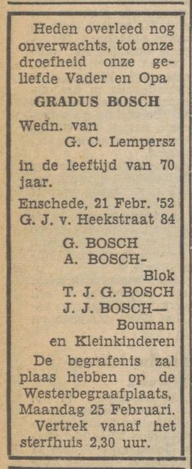 G.J. van Heekstraat 84 Gradus Bosch overlijdensadvertentie Tubantia 22-2-1952.jpg