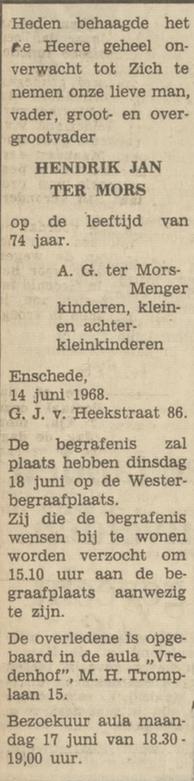 G.J. van Heekstraat 86 H.J. ter Mors overlijdensadvertentie Tubantia 15-6-1968.jpg