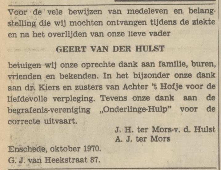 G.J. van Heekstraat 87 Geert van der Hulst advetentie Tubantia 31-10-1970.jpg
