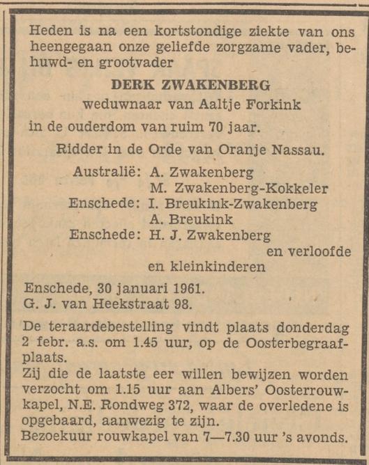 G.J. van Heekstraat 98 Derk Zwakenberg overlijdensadvertentie Tubantia 31-1-1961.jpg