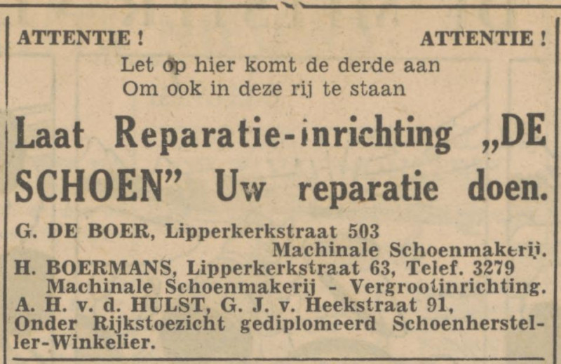 G.J. van Heekstraat 91 schoenmakerij De Schoen A.H. van der Hulst advertentie Tubantia 24-9-1947.jpg