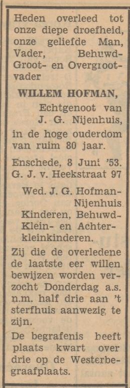G.J. van Heekstraat 97 Willem Hofman overlijdensadvertentie Tubantia 9-6-1953.jpg