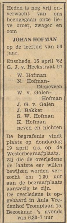 G.J. van Heekstraat 97 Johan Hofman overlijdensadvertentie Tubantia 17-4-1962.jpg
