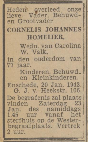 G.J. van Heekstraat 106 C.J. Homeijer overlijdensadvertentie Twentsch nieuwsblad 21-1-1943.jpg