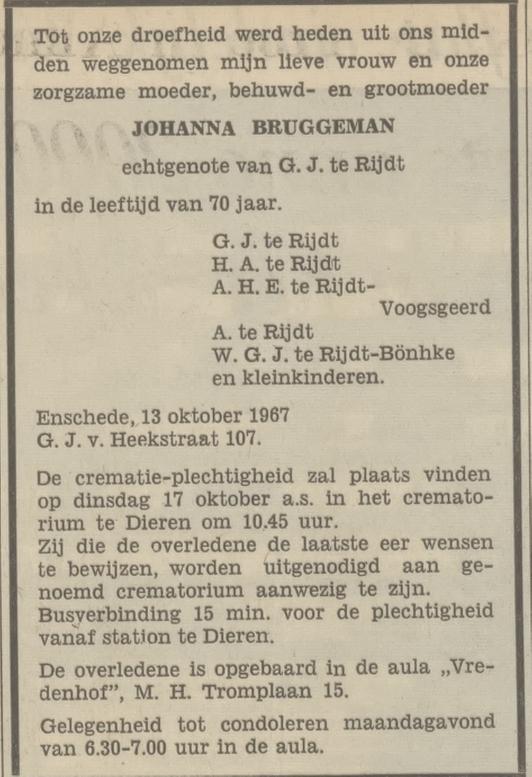 G.J. van Heekstraat 107 J. te Rijdt-Bruggeman overlijdensadvertentie Tubantia 14-10-1967.jpg