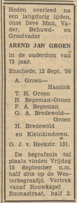 G.J. van Heekstraat 131 A.J. Groen overlijdensadvertentie Tubantia 12-9-1950.jpg