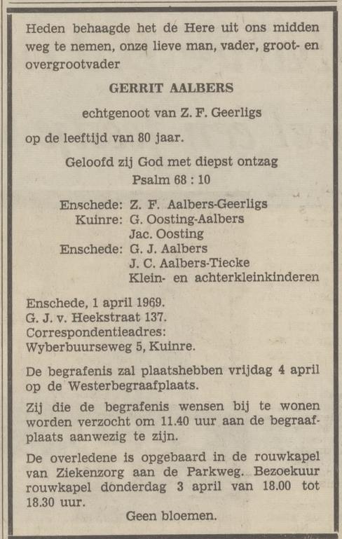 G.J. van Heekstraat 137 Gerrit Aalbers overlijdensadvertentie Tubantia 2-4-1969.jpg