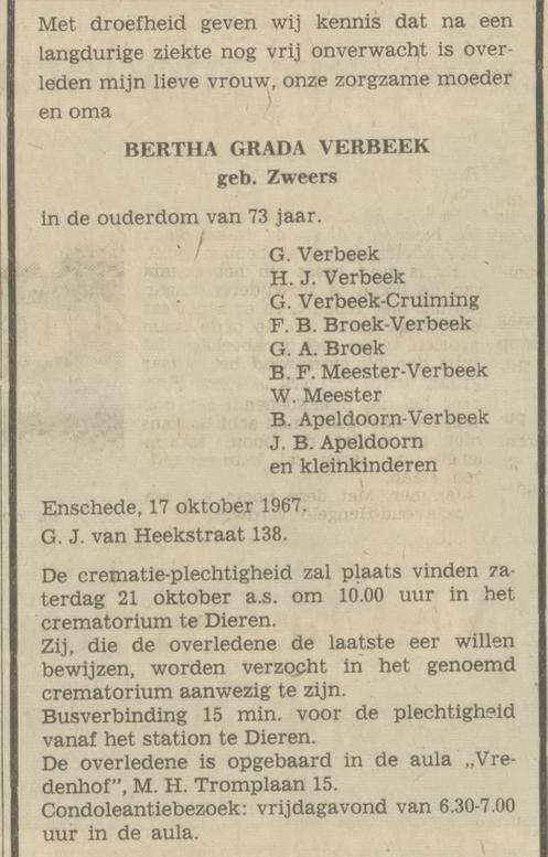 G.J. van Heekstraat 138 B.G. Verbeek-Zweers overlijdensadvertentie Tubantia 18-10-1967.jpg