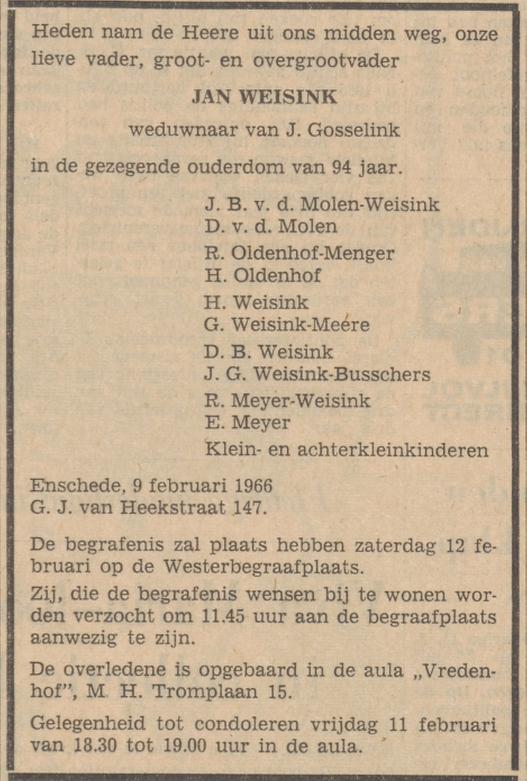 G.J. van Heekstraat 147 Jan Weissink overlijdensadvertentie Tubantia 10-2-1966.jpg