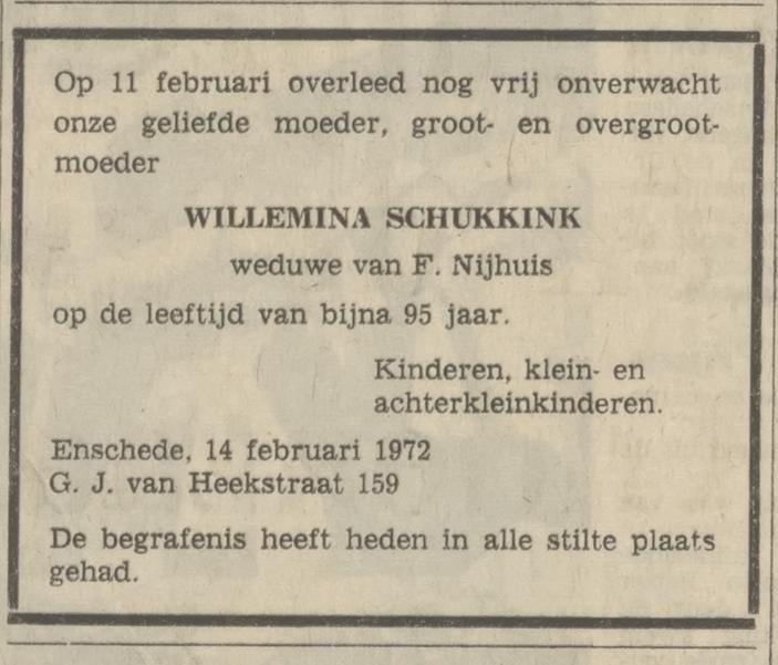 G.J. van Heekstraat 159 W. Nijhuis-Schukkink overlijdensadvertentie Tubantia 14-2-1972.jpg