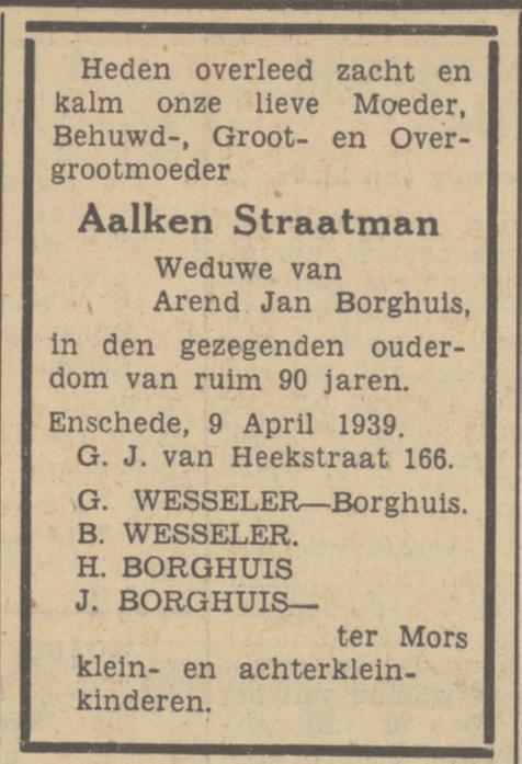 G.J. van Heekstraat 166 Wed. A. Borghuis-Straatman overlijdensadvertentie Tubantia 11-4-1939.jpg