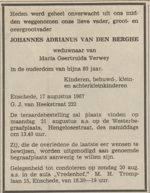 G.J. van Heekstraat 222 J.A. van den Berghe overlijdensadvertentie Tubantia 18-8-1967.jpg