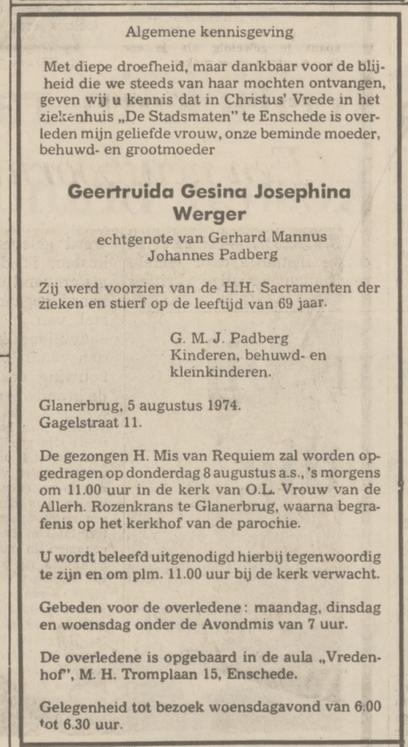 Gagelstraat 11 G.G.J. Padberg-Werger overlijdensadvertentie Tubantia 7-8-1974.jpg