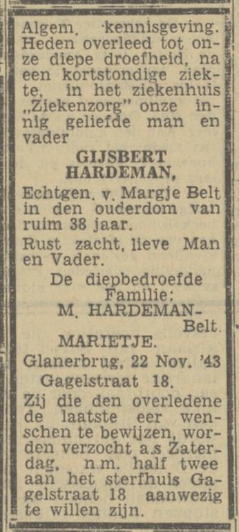 Gagelstraat 18 Glanerbrug Gijsbert Hardeman overlijdensadvertentie Twentsch nieuwsblad 24-11-1943.jpg