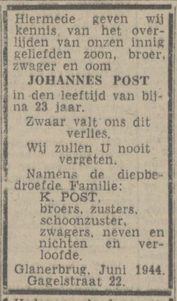 Gagelstraat 22 J. Post overlijdensadvertentie Twentsch nieuwsblad 20-6-1944.jpg