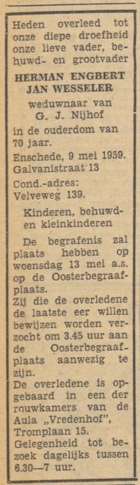 Galvanistraat 13 H.E.J Wesseler overlijdensadvertentie Tubantia 11-5-1959.jpg