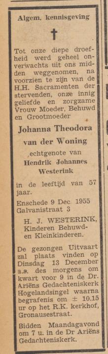 Galvanistraat 3 J.Th. Westerink-van der Woning overlijdensadvertentie Twentsche Courant 12-12-1955.jpg