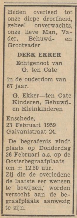 Galvanistraat 24 Derk Ekker overlijdensadvertentie Tubantia 24-2-1959.jpg