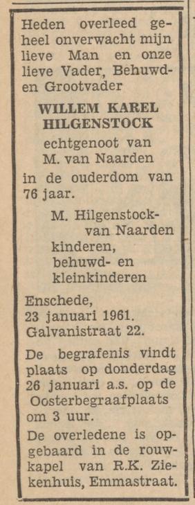Galvanistraat 20 W.K. Hilgenstock overlijdensadvertentie Tubantia 24-1-1961.jpg