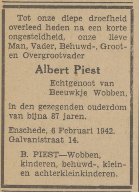 Galvanistraat 14 Albert Piest overlijdensadvertentie Tubantia 7-2-1942.jpg