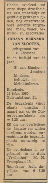 Galvanistraat 21 J.B. van Slooten overlijdensadvertentie Tubantia 27-2-1960.jpg
