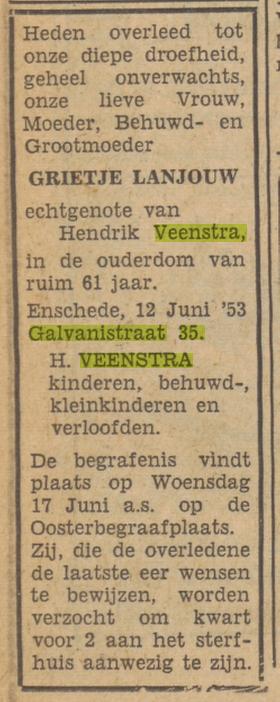 Galvanistraat 35 G. Veenstra-Lanjouw overlijdensadvertentie Tubantia 13-6-1953.jpg