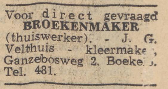 Ganzebosweg 2 Boekelo J.G. Velthuis kleermaker advertentie Twentsche Courant 16-6-1954.jpg