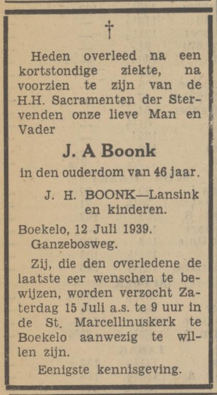 Ganzebosweg 19 J.A. Boonk overlijdensadvertentie Tubantia 13-7-1939.jpg