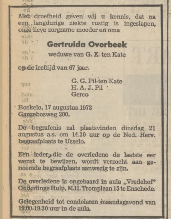 Ganzebosweg 200 Geertruida Overbeek overlijdensadvertentie Tubantia 18-8-1973.jpg