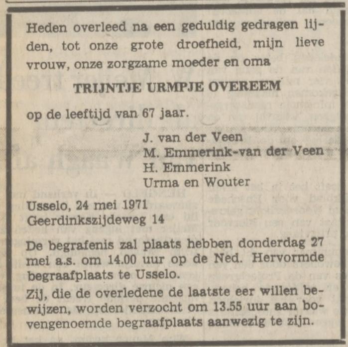 Geerdinkszijdeweg 14 T.U. van der Veen-Overeem overlijdensadvertentie Tubantia 25-5-1971.jpg