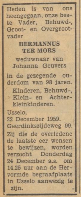 Geerdinksweg 99 Hermannus ter Mors overlijdensadvertentie Tubantia 23-12-1959.jpg