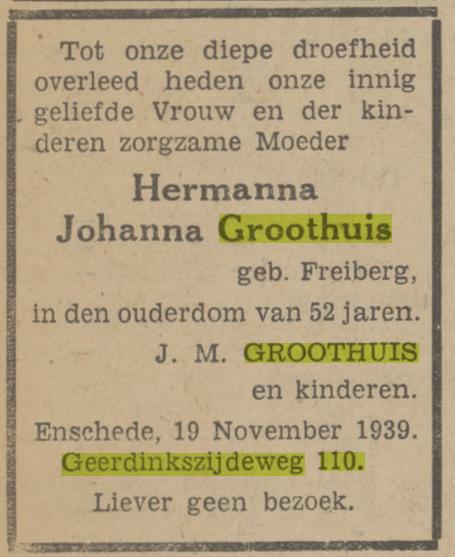 Geerdinkszijdeweg 110 H.J. Groothuis-Freiberg overlijdensadvertentie Tubantia 20-11-1939.jpg