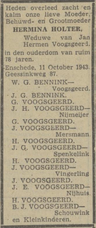 Geessinkweg 87 Hermina Voogsgeerd-Holter overlijdensadvertentie Twentsch nieuwsblad 14-10-1943.jpg