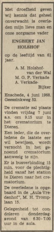 Geessinkweg 52 E.J. Holshof overlijdensadvertentie Tubantia 5-6-1968.jpg