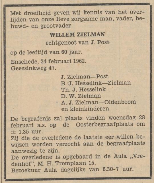 Geessinkweg 47 Willem Zielman overlijdensadvertentie Tubantia 26-2-1962.jpg