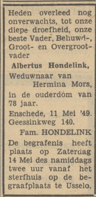 Geessinkweg 140 Albertus Hondelink overlijdensadvertentie Tubantia 13-5-1949.jpg
