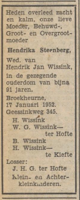 Geessinkweg 345 Wed. H. Wissink-Steenberg overlijdensadvertentie Tubantia 18-1-1952.jpg