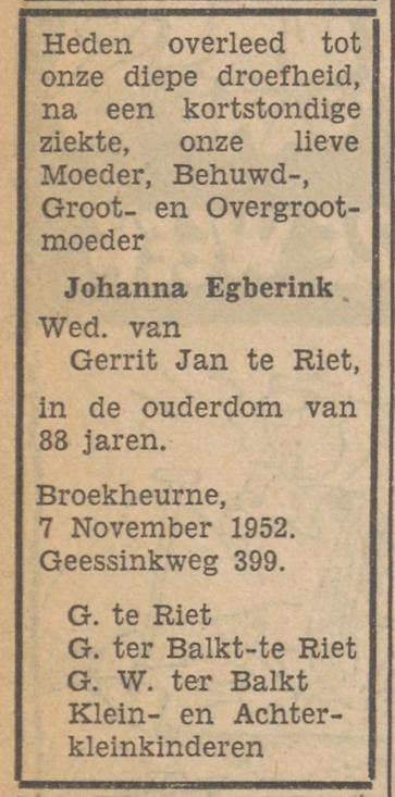 Geessinkweg 399 Broekheurne Wed. J. te Riet-Egberink overlijdensadvertentie Tubantia 8-11-1962.jpg