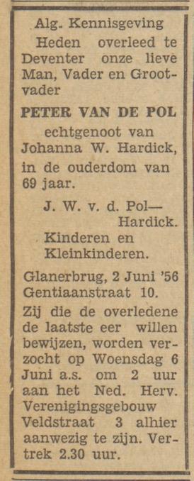 Gentiaanstraat 10 Glanerbrug Peter van de Pol overlijdensadvertentie Tubantia 4-6-1956.jpg