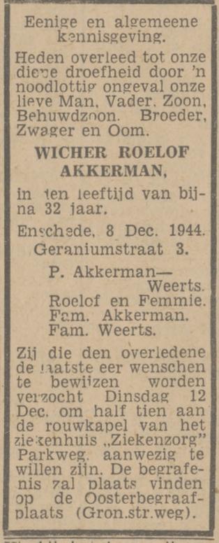 Geraniumstraat 3 W.R. Akkerman overlijdensadvertentie Twentsch nieuwsblad 9-12-1944.jpg