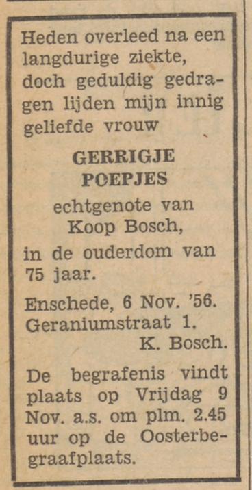 Geraniumstraat 1 G. Bosch-Poepjes overlijdensadvertentie Tubantia 7-11-1956.jpg
